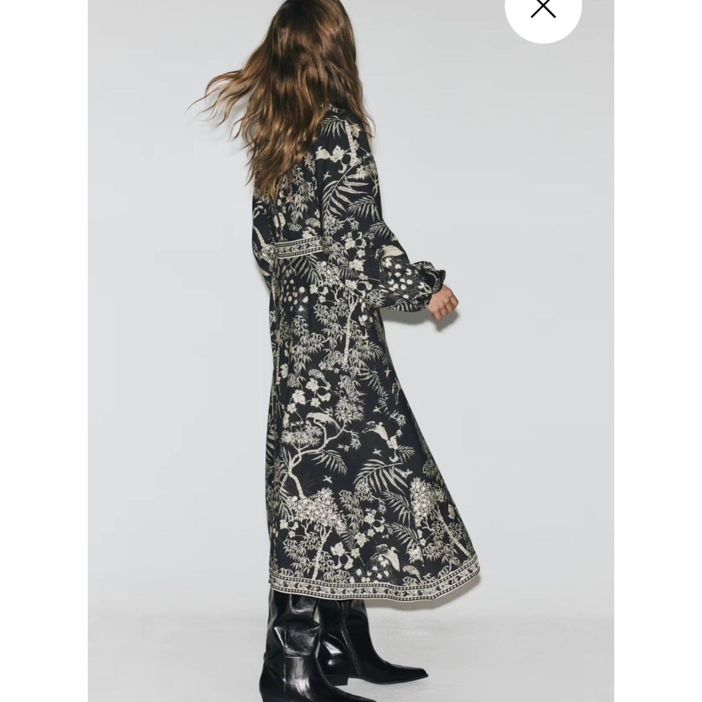 NWT H&M Long Sleeved Wrap Dress Tie Waist Black Cream Floral Print Midi Maxi XL - Picture 9 of 12